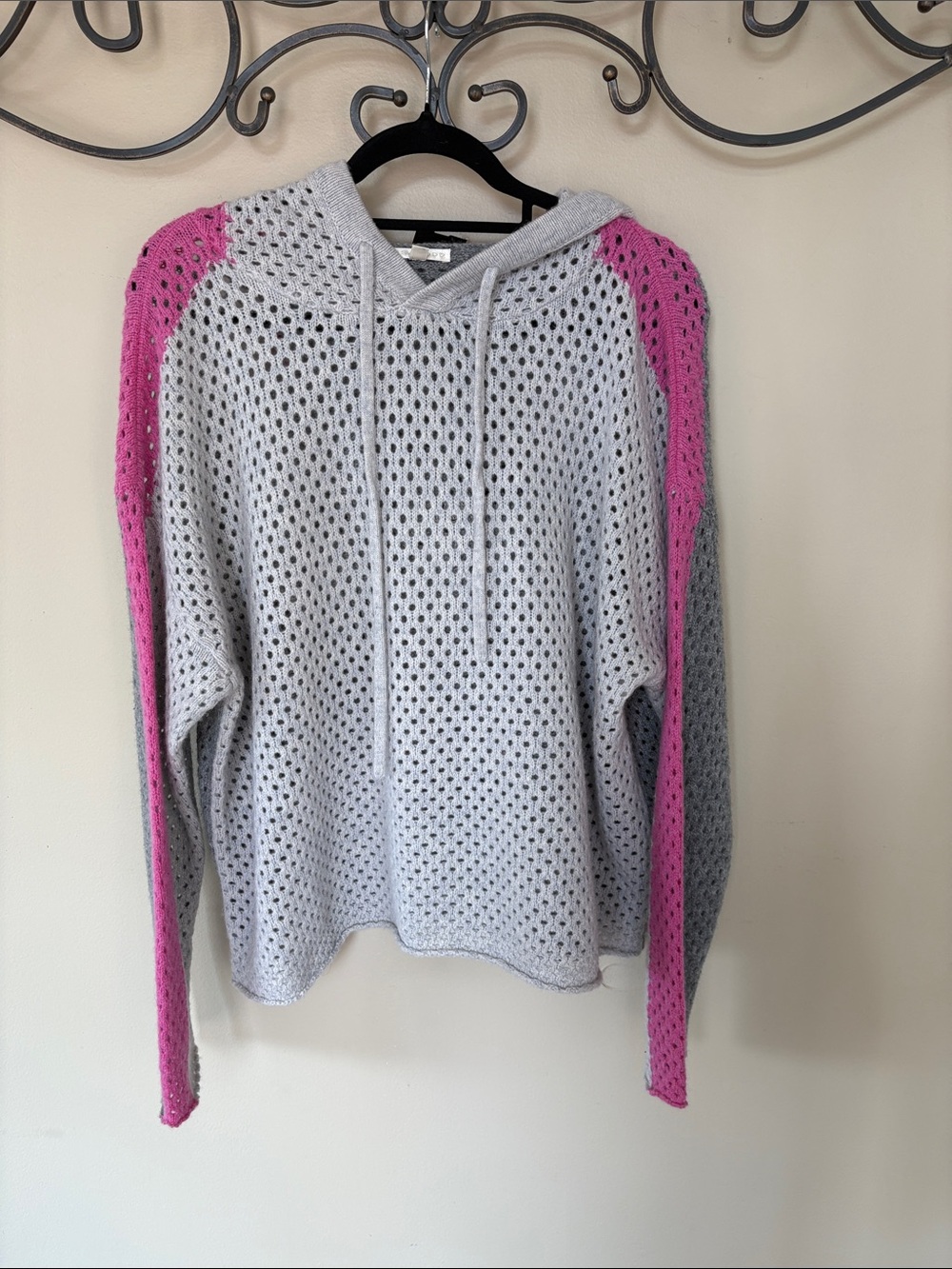 Lisa Todd Gray Open-Knit Cowl Hoodie with Pink Sleeve Accents